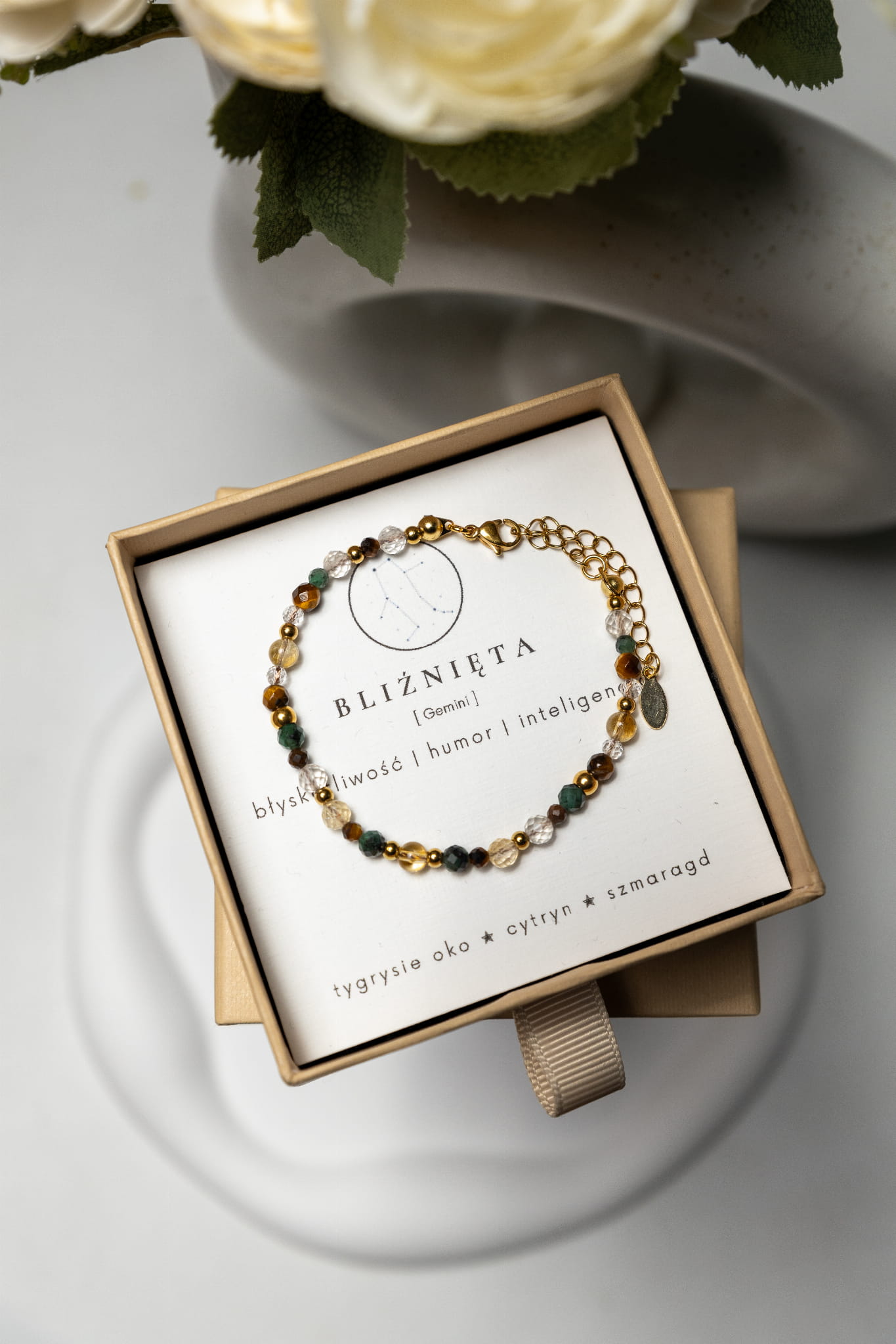 BLIŹNIĘTA premium - bransoletka znaku zodiaku  - cytryn, szmaragd, tygrysie oko