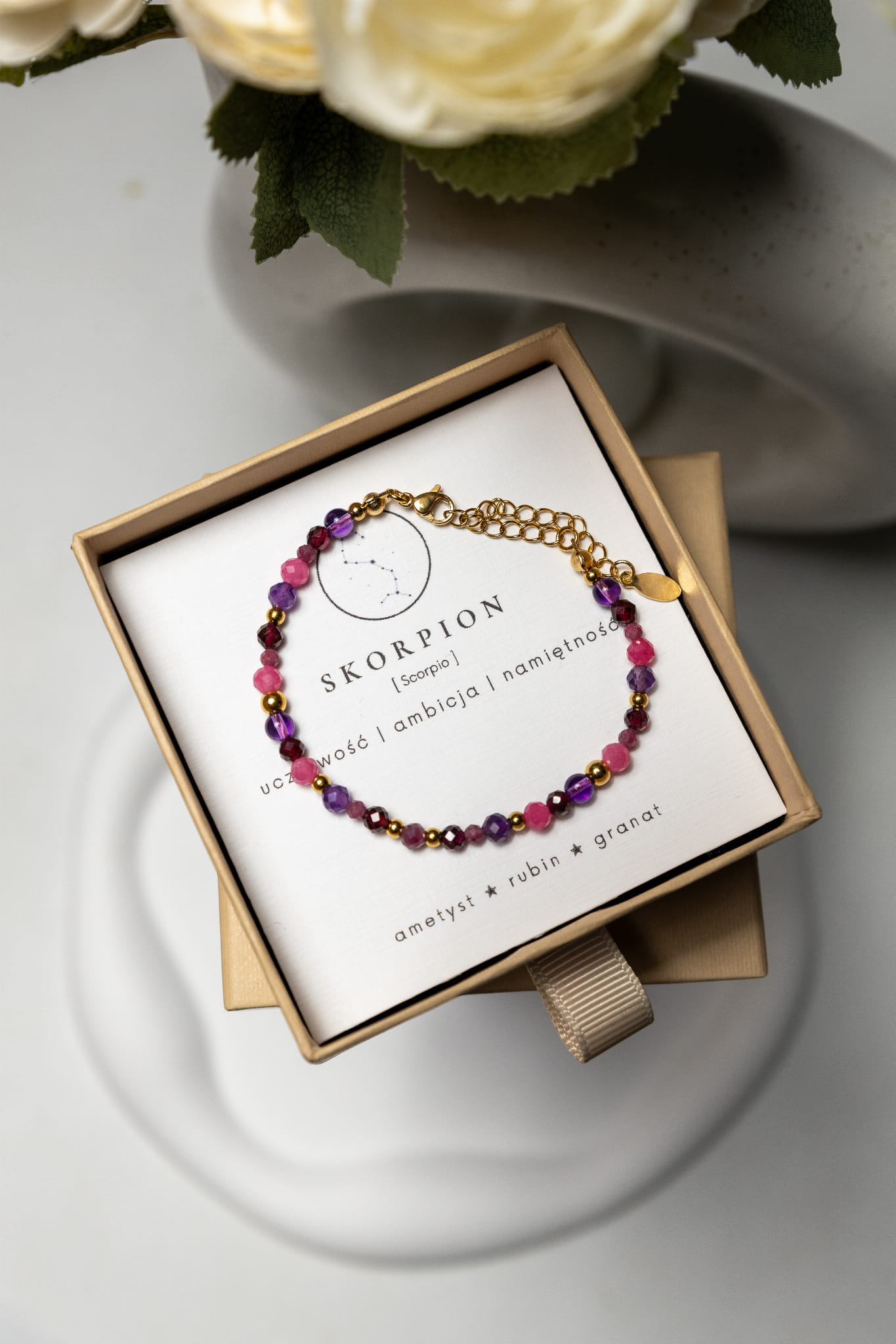SKORPION premium - bransoletka znaku zodiaku  - rubin ,  ametyst , granat