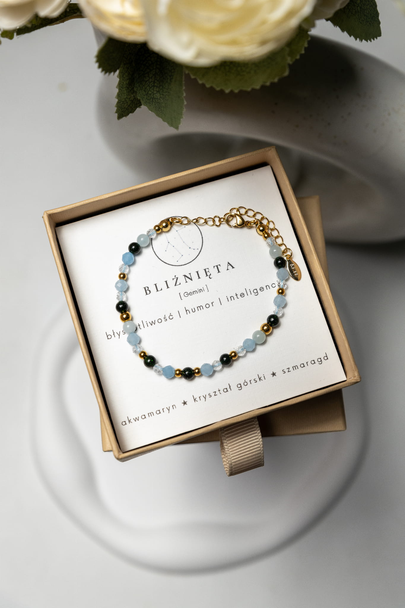 BLIŹNIĘTA premium - bransoletka znaku zodiaku  - akwamaryn , kryształ górski , szmaragd Nilu