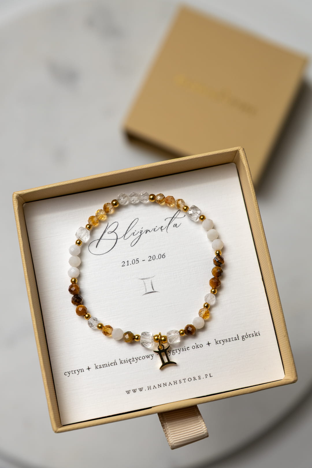 BLIŹNIĘTA - bransoletka znaku zodiaku na gumce - cytryn, kamień księżycowy, tygrysie oko, kryształ górski