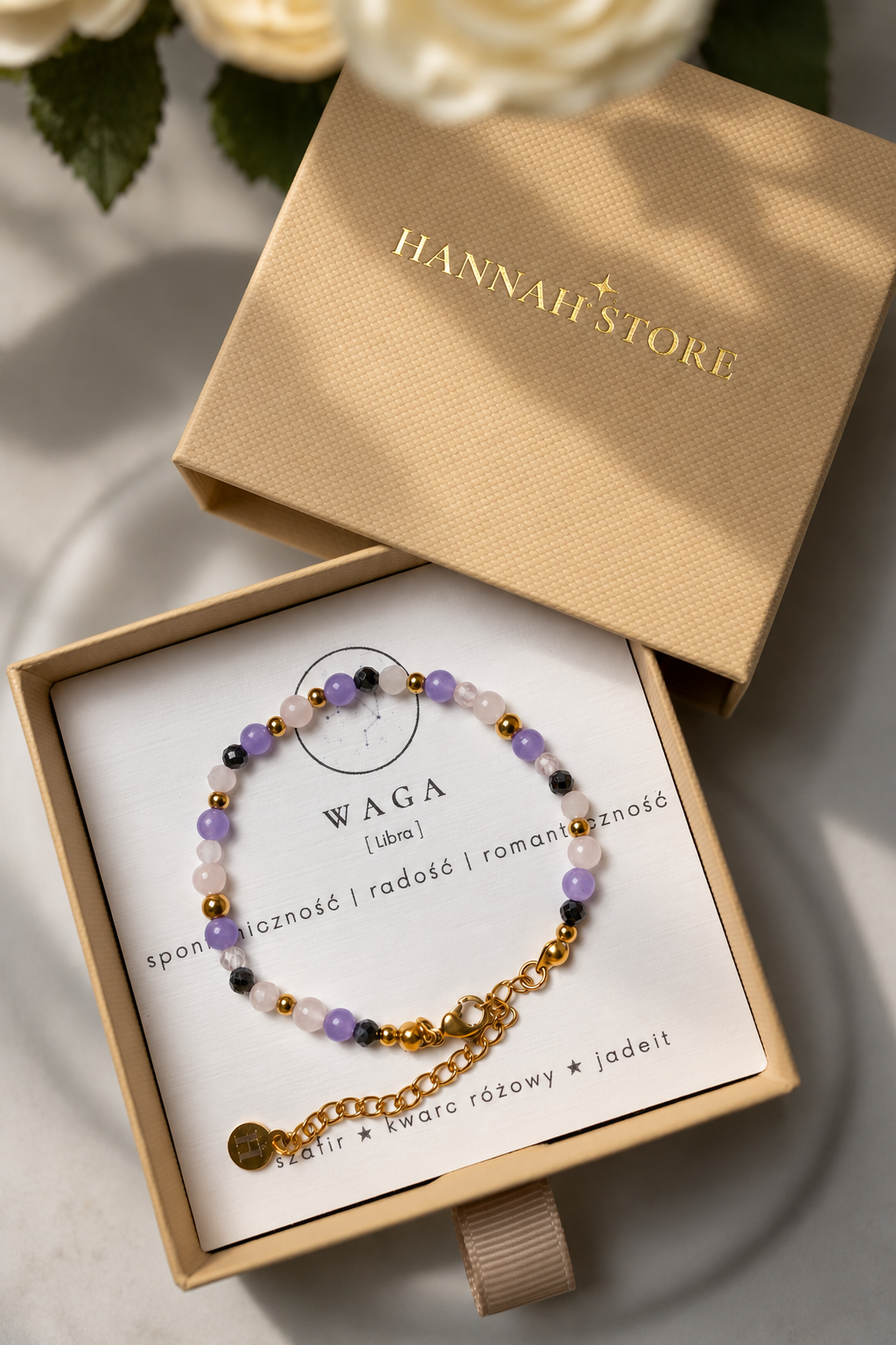 WAGA premium - bransoletka znaku zodiaku  - jadeit , kwarc różowy , szafir